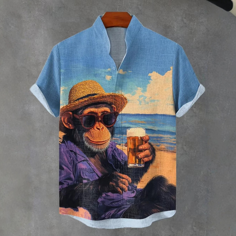 Cross-border independent platform Temu: Beach beer gorilla print stand-up collar short-sleeve shirt, wholesale from manufacturer