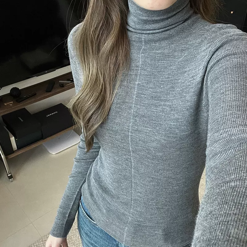 堆堆领竖条打底衫韩系弹力针100羊毛针织衫女25秋冬高领毛衣上衣