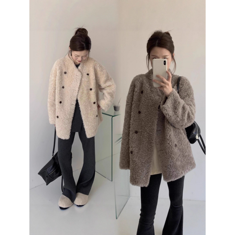 Lamb Fur Outwear Women's Mid-Length Double-Breasted 100 Sheep Wool Sheep Shearling Outwear Autumn and Winter New Style