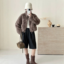 仿水貂翻领落肩袖拉链款下摆抽绳短款仿貂毛环保貂保暖外套女秋冬