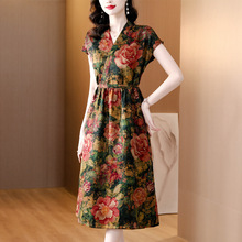 高品质气质收腰减龄妈妈新款夏季桑蚕丝正品花罗香云纱真丝连衣裙