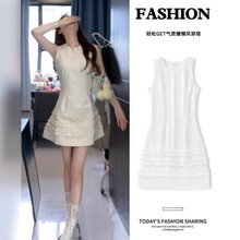 夏日巨好看白色无袖连衣裙短款女木耳边小白裙独特漂亮掐腰短裙子