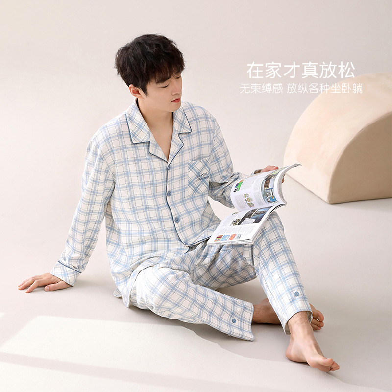 [Estilo centro comercial] pijamas de los hombres de primavera y otoño 100% algodón de manga larga ropa casera de los hombres traje de talla grande