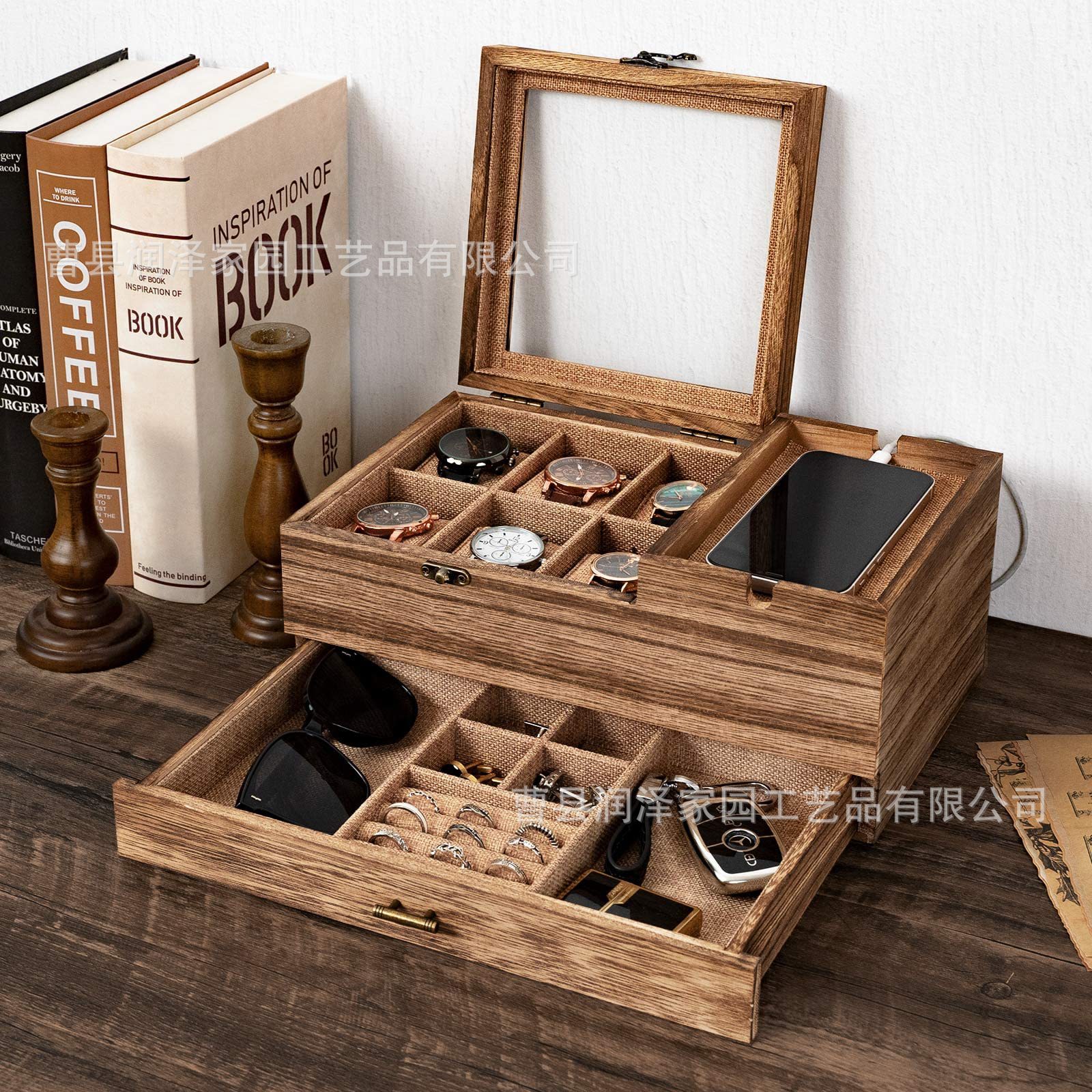 Retro Wooden Jewelry Box Jewelry Storage Storage Box with Transparent Lid Storage Box Watch Glasses Compartment Organizer