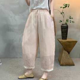 苎麻花边九分裤女2026夏季新款文艺时尚纯色松紧腰休闲显瘦哈伦裤