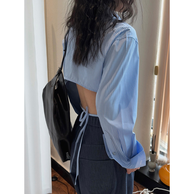 Lou Fu Spring and Summer New Korean Designer Back Hollow Striped Shirt Profile Elegant Sexy Slim Top for Women