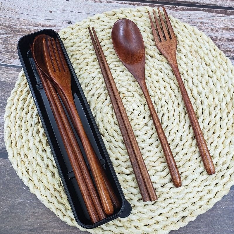 Nanmu portable cutlery set, wooden spoon, wooden chopsticks, wooden fork, wooden tableware, portable three-piece cutlery set Nanmu portable cutlery set, wooden spoon, wooden chopsticks, wooden fork, wooden tableware, portable three-piece cutlery set