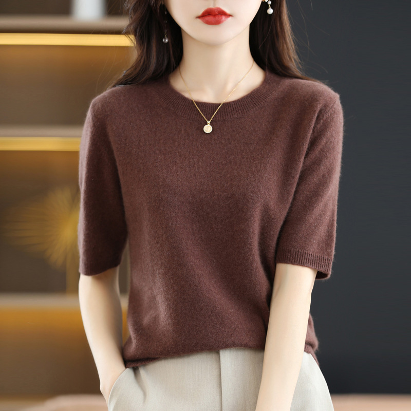 秋のレディーストップスボトリングシャツ半袖Tシャツレディースルーズ半袖セーターレディースセーター薄手2025ラウンドネック|undefined