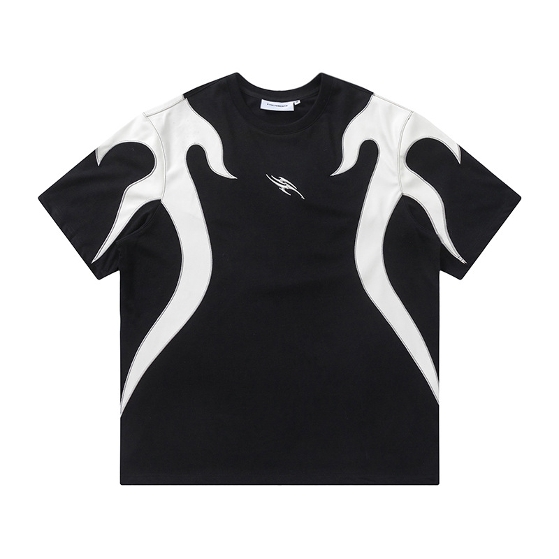 Jiayiku Men's 2026 Summer New American Street Trendy Brand Leather Flame Totem Embroidered Short Sleeve T-shirt for Men