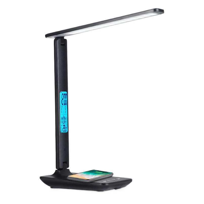 Escritorio de dormitorio con protección ocular de carga rápida inalámbrica transfronteriza de 15W con reloj de calendario perpetuo lámpara de escritorio de lectura y aprendizaje de oficina con patrón de cuero
