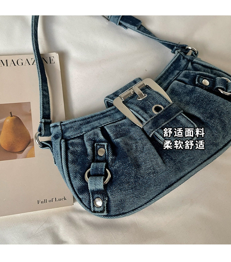 Túi đeo chéo nữ dáng hộp nhỏ kẹp nách vải denim xếp nếp phong cách Hàn Quốc — Cao bồi xanh, Màu xanh cổ điển, đen chi tiết 4