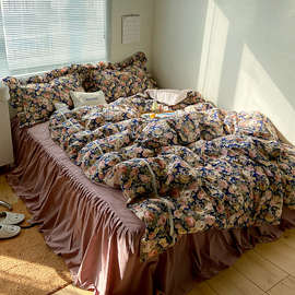7L8K复古油画风法兰西玫瑰庄园床上四件套纯棉田园花卉被套床
