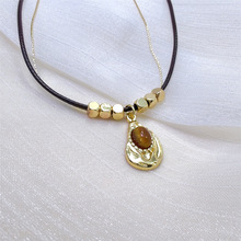 美拉德复古双层芒星虎眼石吊坠项链女款秋冬高级感精致串珠毛衣链