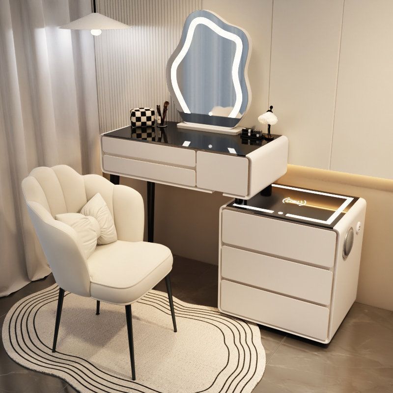 밀키 화이트 3단 서랍 스마트 모델 - 올 원목 80 테이블 + 캐비닛 클라우드 미러 + 꽃잎 의자