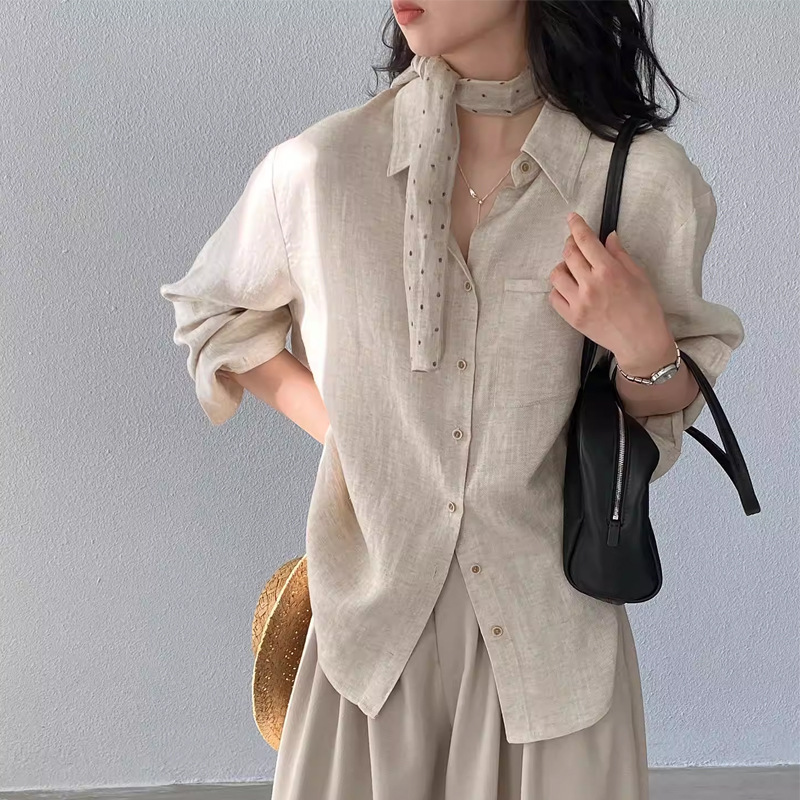老钱风亚麻天丝衬衫女2026春季宽松休闲开衫气质松弛感长袖衬衣