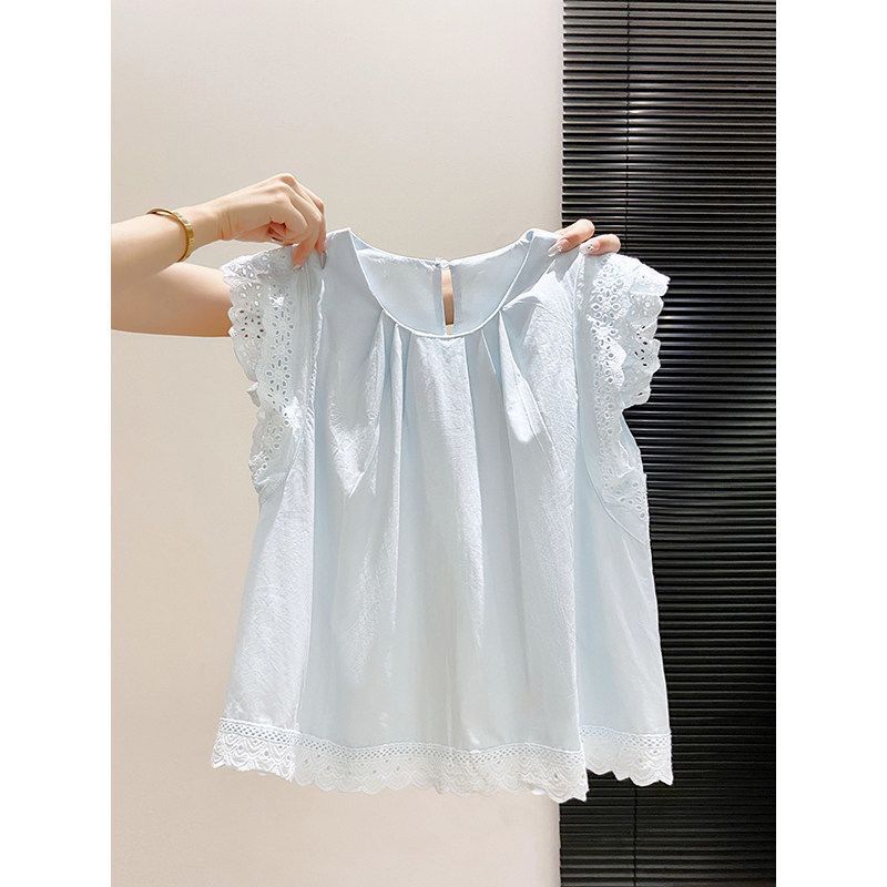 2026 Light Blue Lace Flutter Sleeve Shirt for Women, New Summer Style, Loose Fit, Slimming, Age-Reducing, Elegant Babydoll Top 2026 Light Blue Lace Flutter Sleeve Shirt for Women, New Summer Style, Loose Fit, Slimming, Age-Reducing, Elegant Babydoll Top