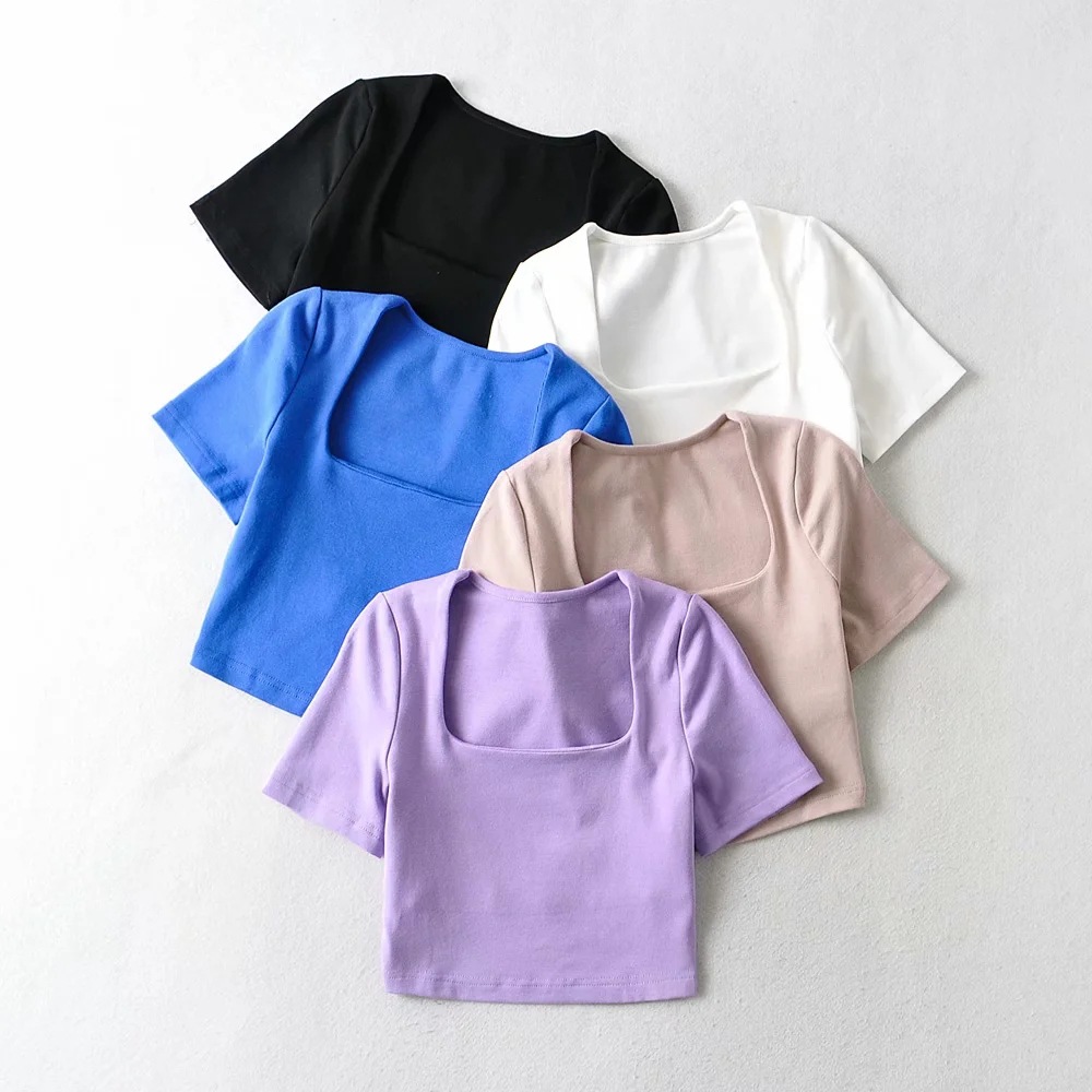 elastic square collar short sleeve T-shirt NSAC50846