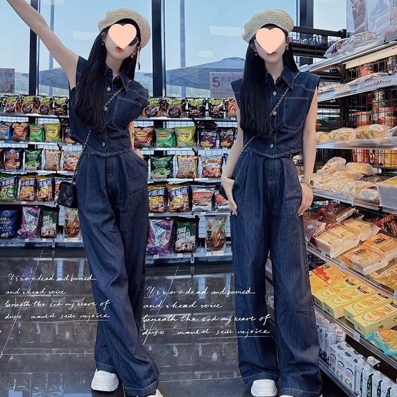韩版休闲时尚牛仔套装女夏新款洋气复古无袖衬衫直筒阔腿裤两件套|undefined