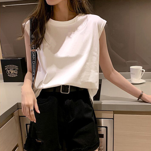 Straight-shoulder T-shirt for women, sleeveless base vest, loose-fitting, elegant design—perfect for daily commutes; simple solid-color camisole-style vest for summer.