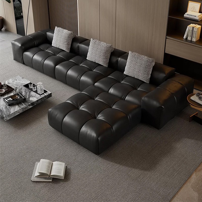Italian Normcore Saba Pixel Module Tofu Block with Leather Sofa House Large Flat Living Room Straight Sofa