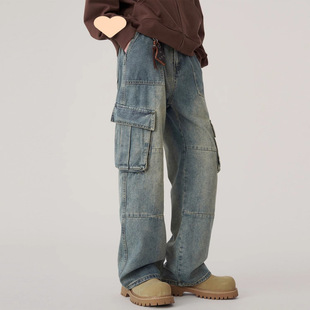 Men's Trendy Retro Cargo Jeans Loose Straight High Street American Pocket Design Pants