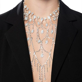 欧美夸新款张流苏项链满钻气质吊坠项链女士晚会水钻配饰Necklace