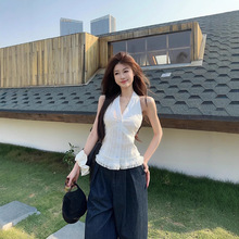 实拍~ 欧若拉白色蕾丝拼接挂脖上衣小衫女+复古高腰牛仔长裤女装