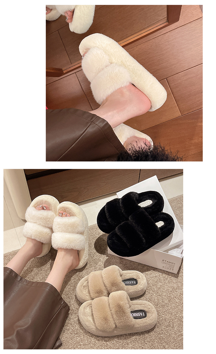 Open Toed Hairy Slippers For Women In Autumn And Winter, New Style For Outdoor Wear, Warm And Thick Soled, Double Straps, Outdoor Cotton Slippers_vogvips.com
