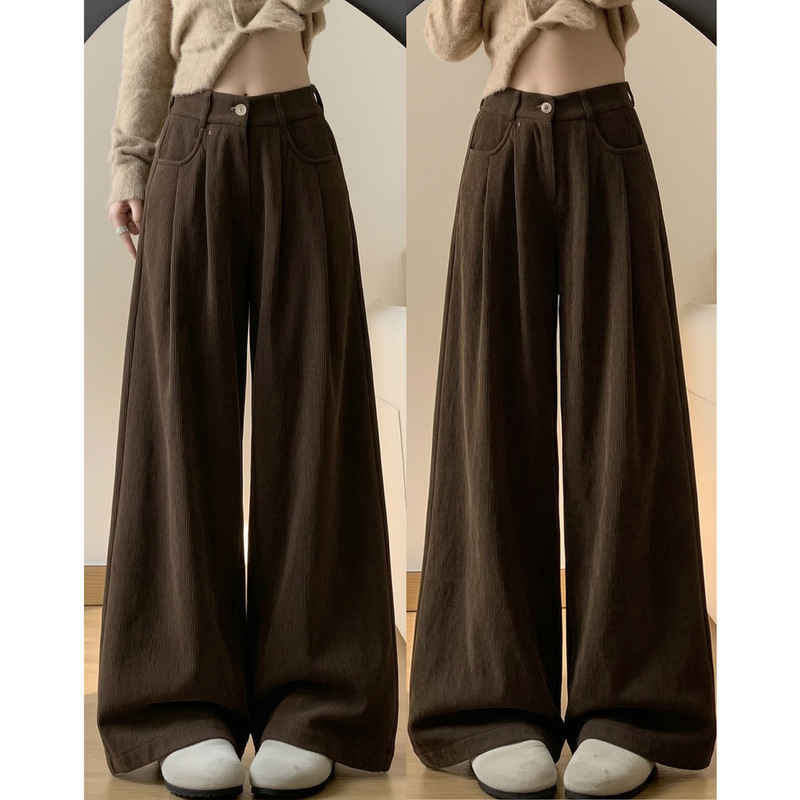 Brown corduroy women's suit pants, new autumn 2026 model, high-waisted, loose, straight-leg, comfortable, with a nice drape, wide-leg pants Brown corduroy women's suit pants, new autumn 2026 model, high-waisted, loose, straight-leg, comfortable, with a nice drape, wide-leg pants