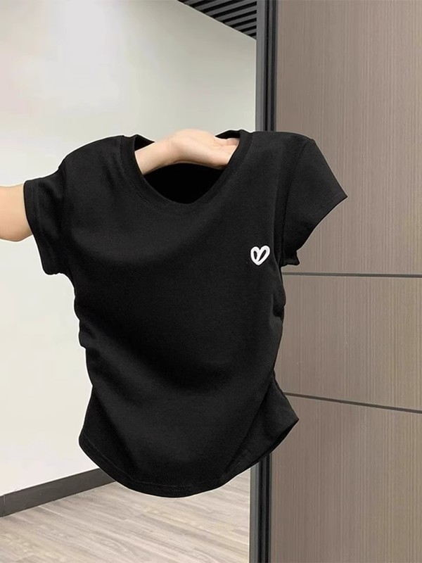 バーガンディ右肩半袖Tシャツ女性用2025新作夏デザインプリーツウエスト痩身ショートトップ|undefined