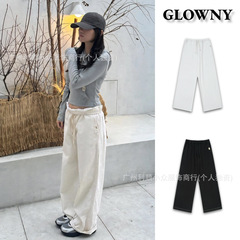 现货韩国GLOWNY休闲裤女早秋新款百搭宽松显瘦高腰纯色直筒工装裤
