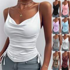 2022 Fashionable Summer Strappy Top for Women: Solid Color, Deep V-Neck Design, Body-Hugging Fit with Drawstring, Perfect for Casual Outfits