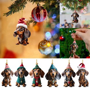Cross-Border Christmas Dachshund Car Decoration Pendant Acrylic Flat Car Interior Hanging Ornament Fun Christmas