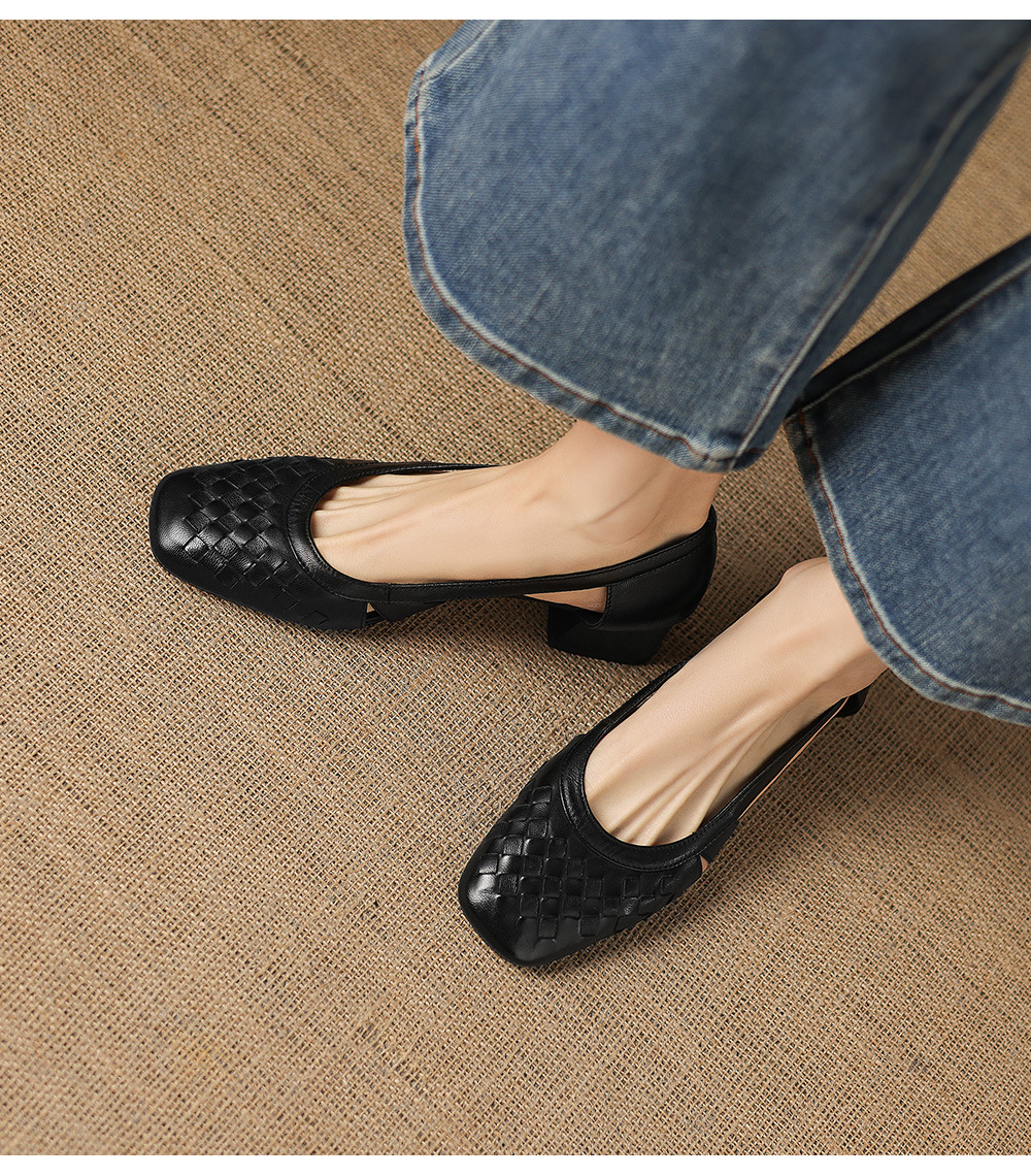 Giày sandal nữ mũi vuông gót thấp 3 cm, da cừu, hở mũi, phong cách thời trang — đen chi tiết 20