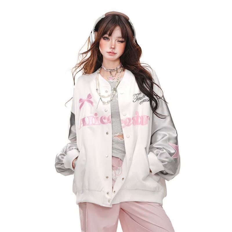 跨境时尚慵懒潮流流行美式蝴蝶结星星刺绣棒球外套女ins气质新款|undefined