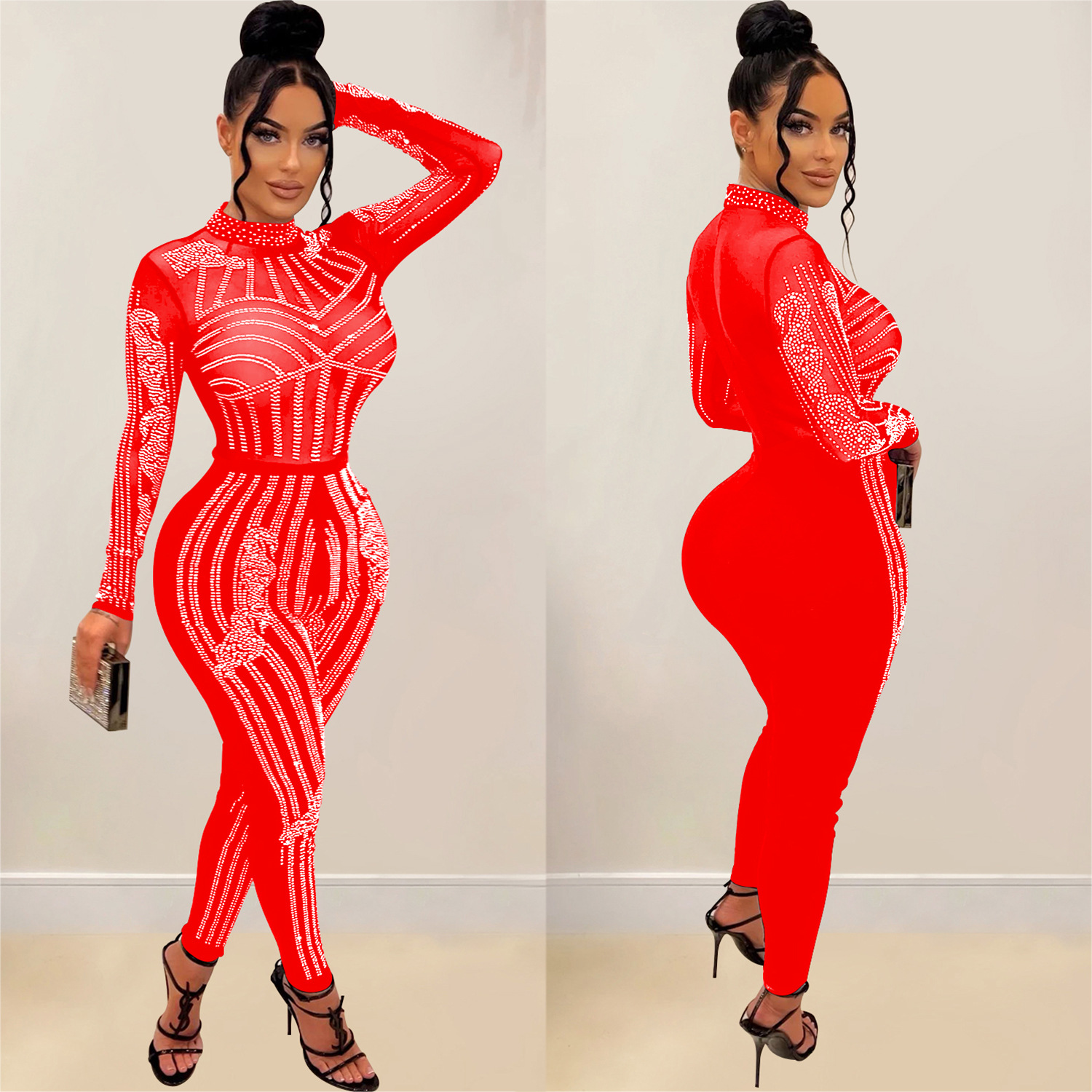 C6247 transfronteriza AliExpress Amazon europeo y americano de las mujeres de moda de color sólido de malla de diamantes de imitación de manga larga pantalones mono