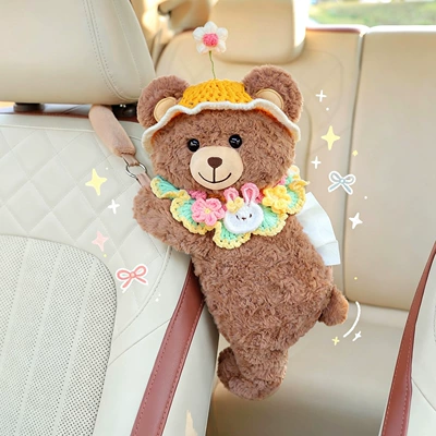 Car tissue box/set | hanging bag - yellow-flower-hat-brown-bear-upgraded-spacesmooth-tissue-dispensing