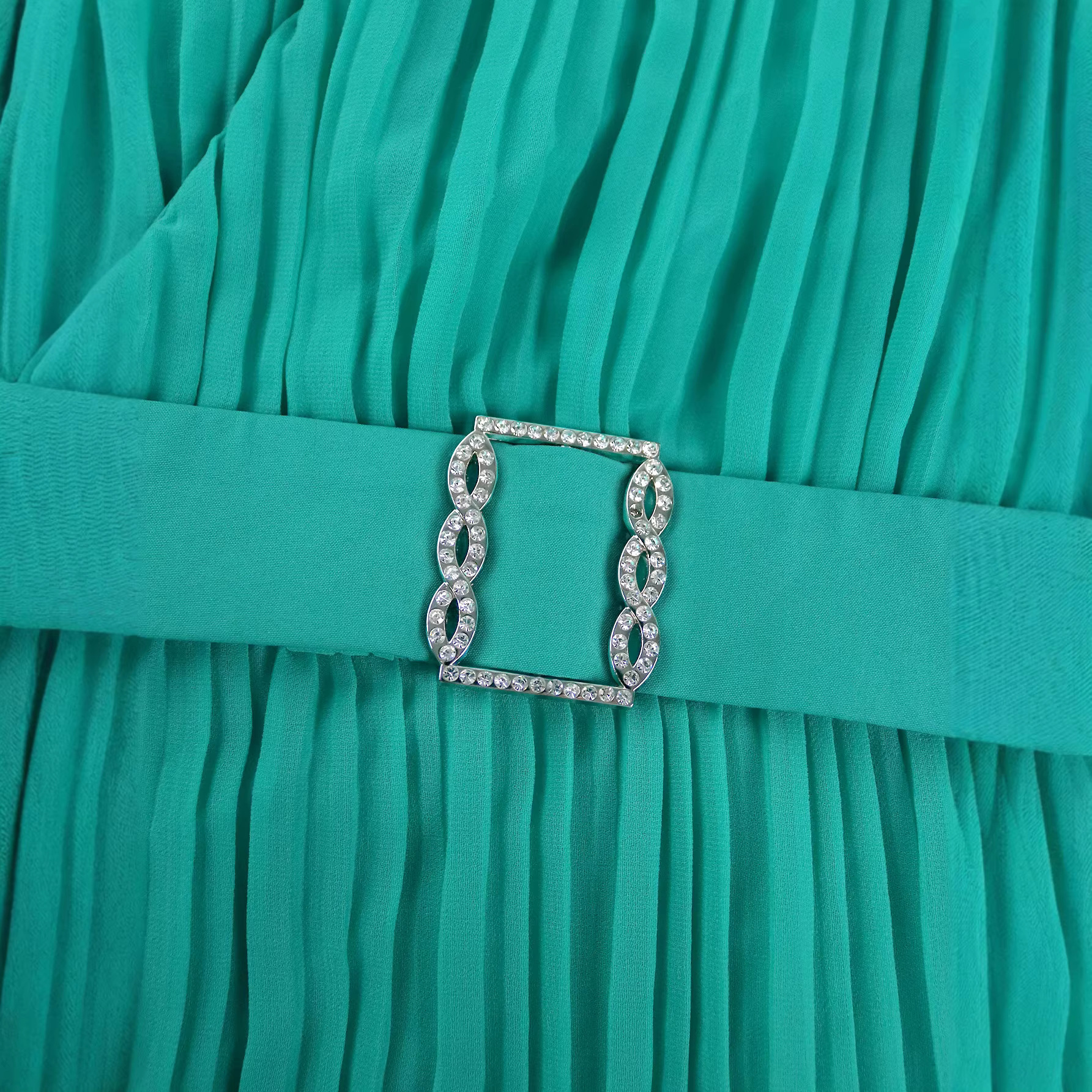 Mint Green V-Neck Belted Dress With Mid-Length Sleeves American Style Casual Elegant Slimming Pleated Cake Dress For Commuting_ecoleips.com