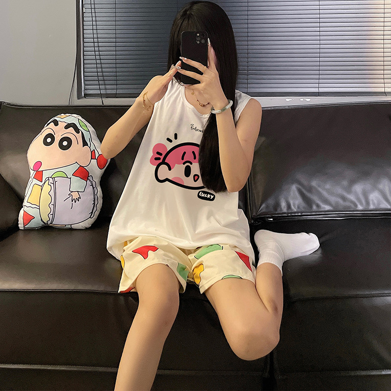 Crayon Shin-chan pijamas de pareja mujeres verano algodón chaleco pantalones cortos estudiantes de dibujos animados lindo traje de servicio a domicilio para hombres