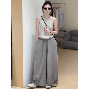 Korean Fashion Stylish and Beautiful Women's Summer Simple Sleeveless Knitted Top Lace Lantern Wide-Leg Pants Two-Piece Set