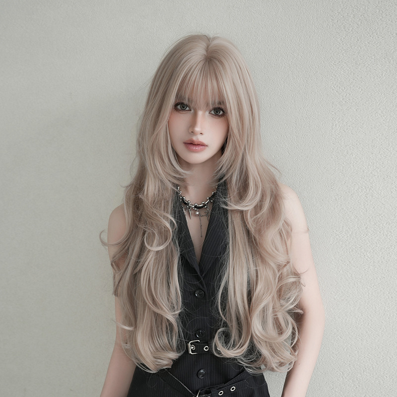 Korean and Japanese Girl Group Fashion Matte Gray Pink Long Curly Hair Wig for Women, Seamless to Wear, Natural and Realistic Full Head Wig