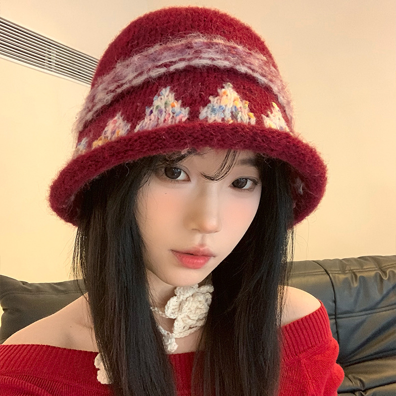 Autumn Winter Colorful Rolled Edge Knitted Bucket 2025 New Retro Ethnic Style Ear Protection Warm Face Slimming_voghion.com