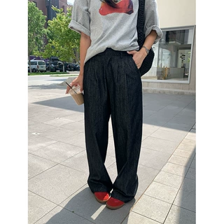 黄峥韩系复古薄款褶皱黑色阔腿裤夏季高腰百搭直筒休闲长裤520611