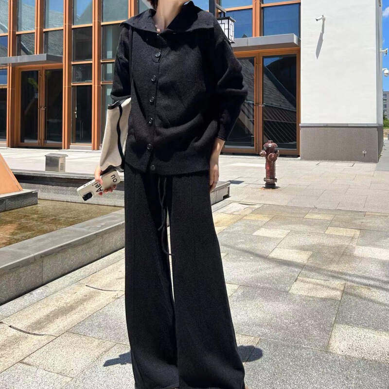 针织套装女秋季新款慵懒风显瘦休闲气质时尚阔腿裤毛衣开衫两件套|undefined