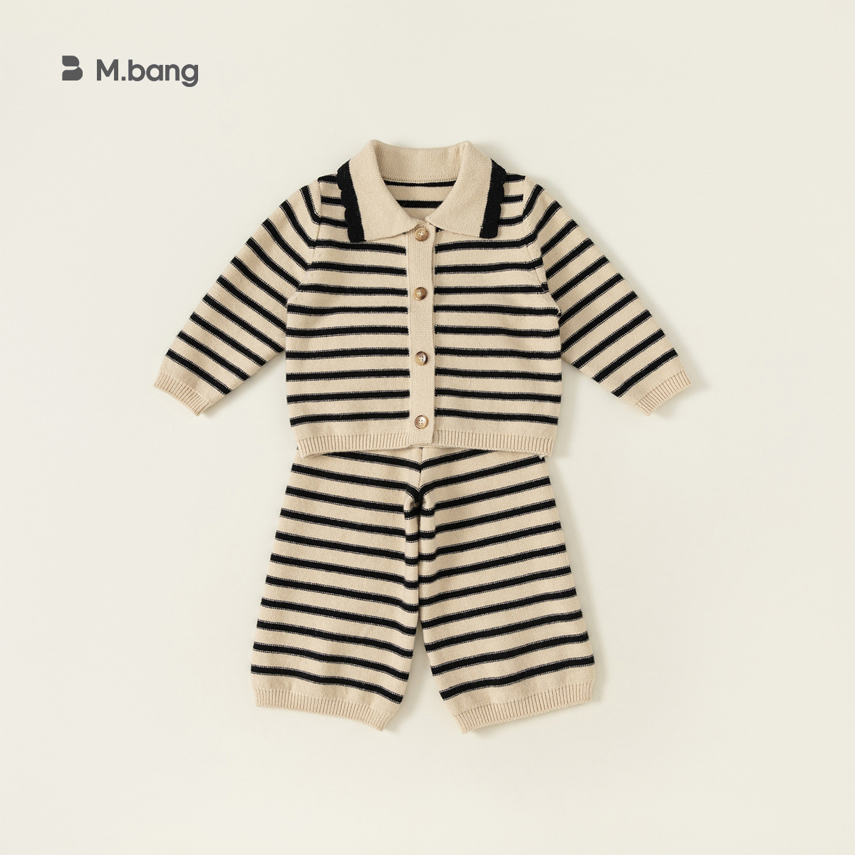 Conjunto de ropa infantil Bangxuan para primavera y otoño, conjunto de tres piezas de punto a rayas para niñas con cuello, suéter para bebé, ropa moderna para niños pequeños.