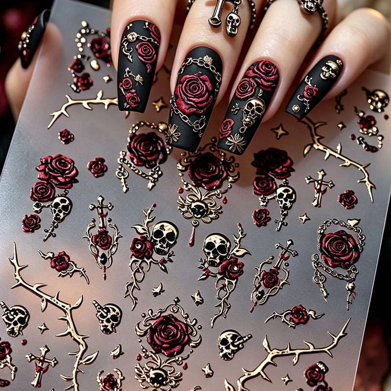 itutu Halloween Dark Punk Style Thorn Rose Nail Art Stickers Gothic Gold Foil Skull Phone Stickers