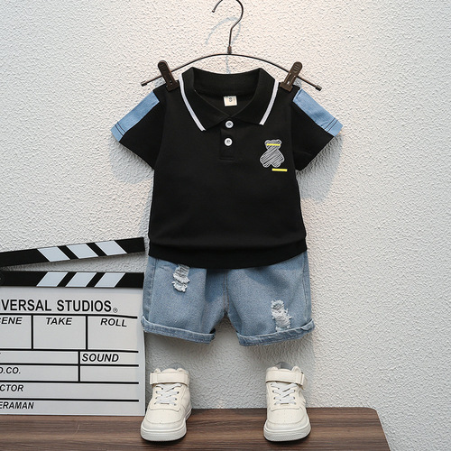 Children's new summer short-sleeved suit, baby boy, fashionable denim shorts two-piece set, children's clothing one piece drop shipping