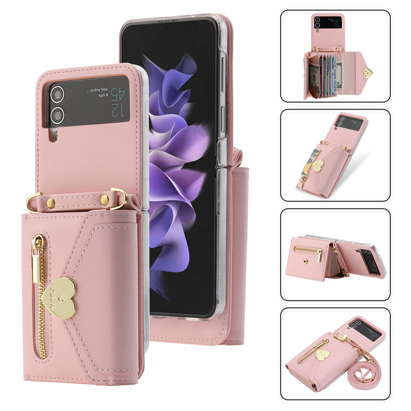 Suitable for Samsung Galaxy Z Flip -664.999999999% off Stacked Leather Case Metal Heart Zipper Flip4 Large Capacity Multi-Card Holder