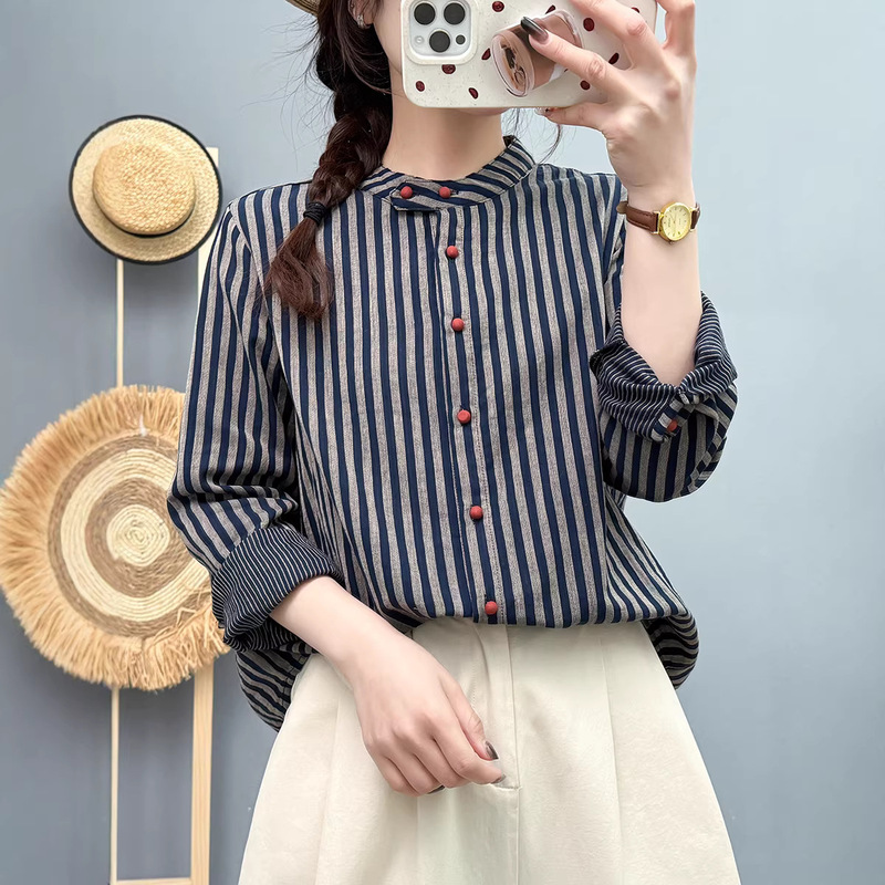 Double-Layer Cotton Gauze Stand-Up Collar Vertical Stripesd Shirt Women's Long-Sleeved Retro Literary Bead Button Soft Skin-Friendly Breathable Bottoming Top Double-Layer Cotton Gauze Stand-Up Collar Vertical Stripesd Shirt Women's Long-Sleeved Retro Literary Bead Button Soft Skin-Friendly Breathable Bottoming Top