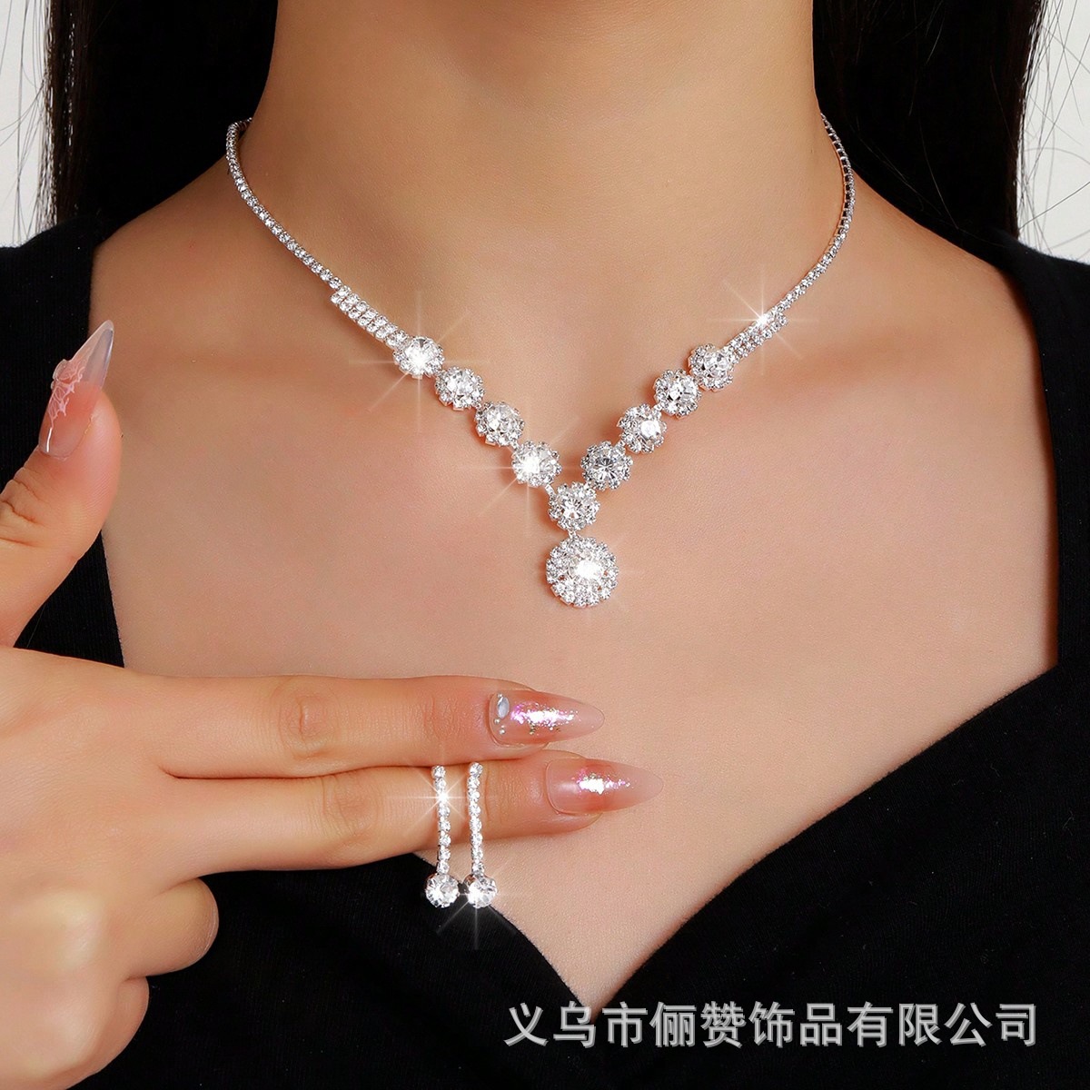 Cross-Border Popular Water Drop Zircon Bridal Jewelry, Full Diamond Clavicle Chain and Earrings Two-Piece Set, Wedding Party Accessories